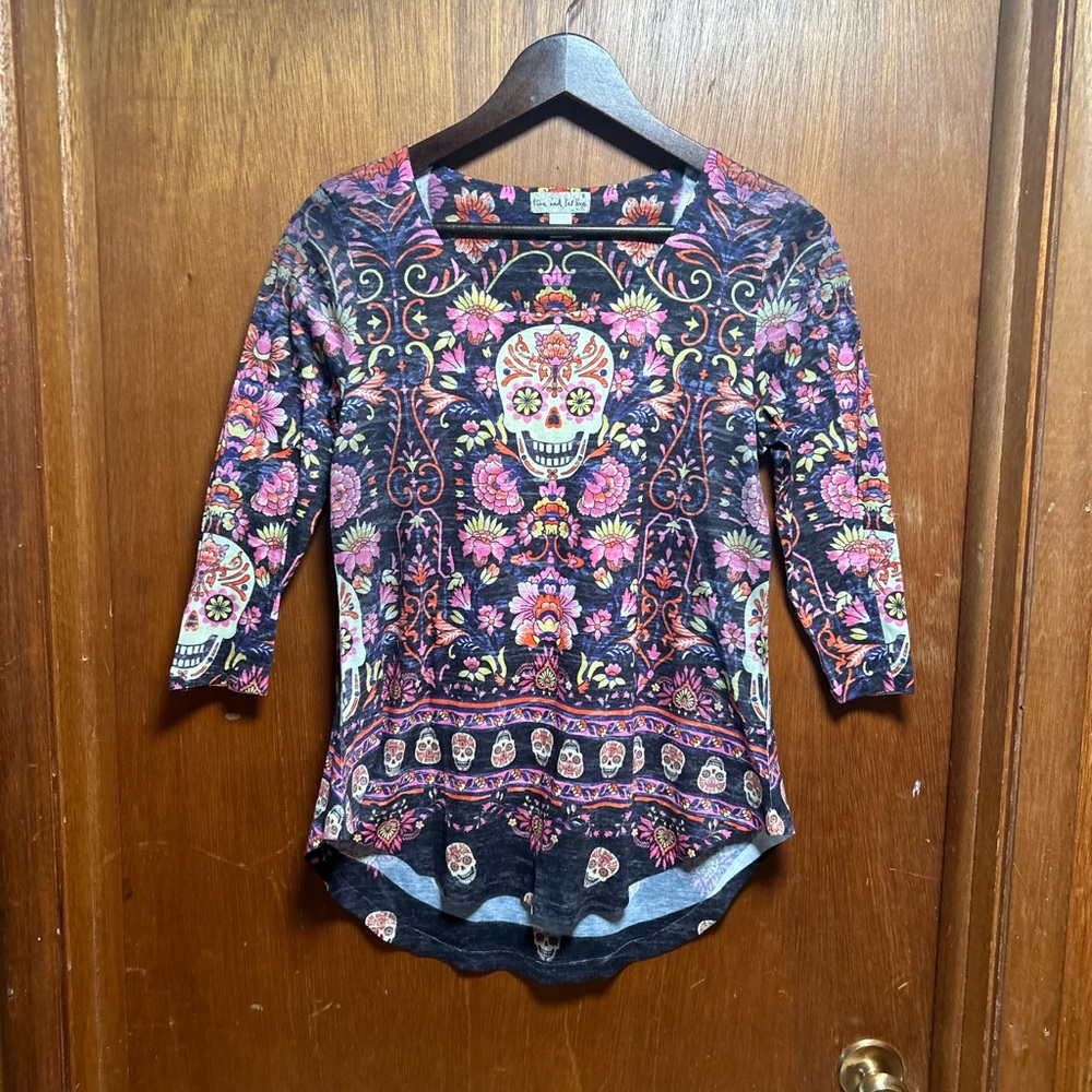 Live and Let Live Blue and Pink Graphic Blouse